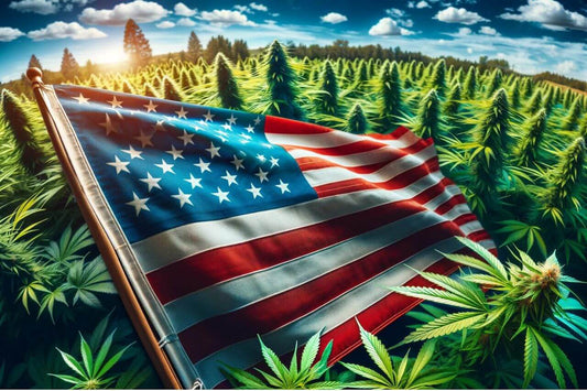 Bandera en medio de un campo de cannabis