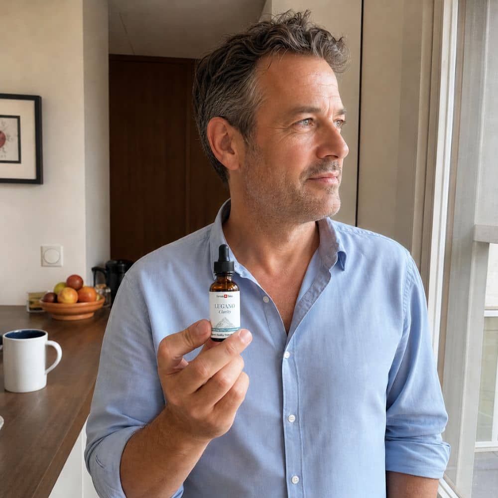 Hombre sosteniendo un frasco de aceite de CBD Lugano en una cocina