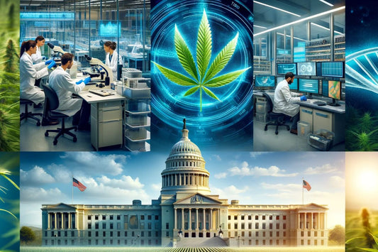 Investigadores y una hoja de cannabis