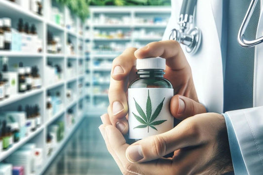 Un médico sostiene una botella de aceite de cannabis