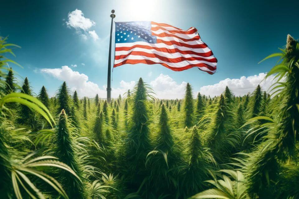 Ondeando la bandera estadounidense en un campo de cannabis