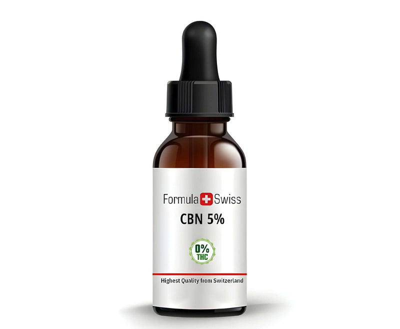 Aceite de CBN Formula Swiss al 5 % con 0 % de THC en un frasco cuentagotas ámbar