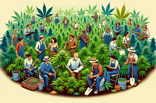 Un grupo de personas en un campo de cannabis