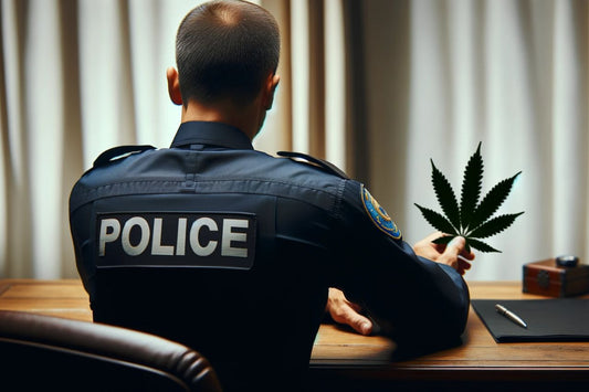 Agente de policía sosteniendo una hoja de cannabis