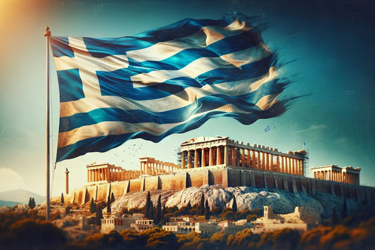 Bandera de Grecia en la Acrópolis