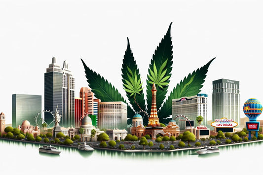 El horizonte de Nevada con una hoja de cannabis al fondo