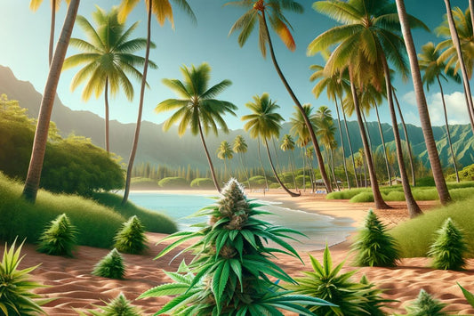 Planta de cannabis en una playa