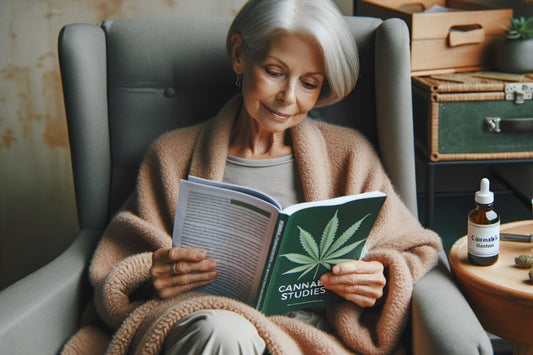  Anciana con un libro sobre el cannabis en la mano