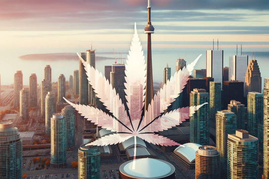 Hoja de Cannabis translúcida con fondo de paisaje urbano