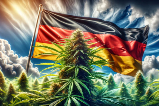 Planta de cannabis delante de una bandera alemana ondeando
