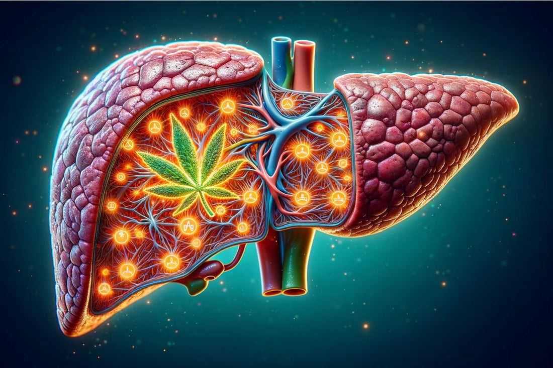 hígado con el icono del cannabis en el centro
