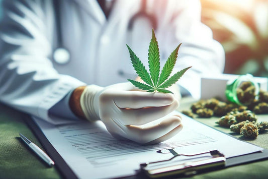 Médico sosteniendo una hoja de cannabis