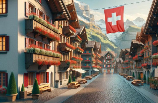 Ondeando la bandera suiza en una pequeña ciudad de Suiza