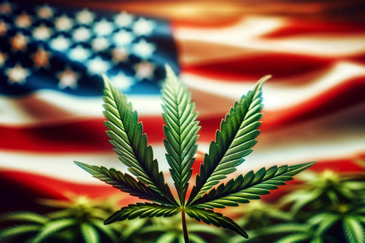 Hoja de cannabis delante de la bandera de EE.UU.