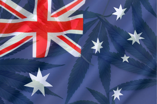 Bandera australiana y hojas de cannabis