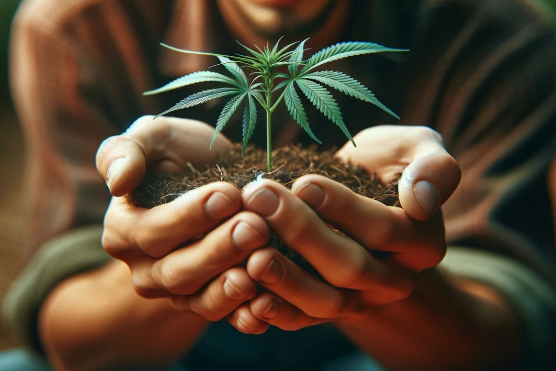 Un hombre sostiene una planta de cannabis