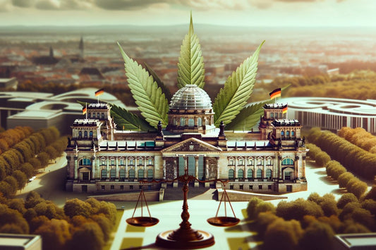 Edificio alemán con hoja de cannabis
