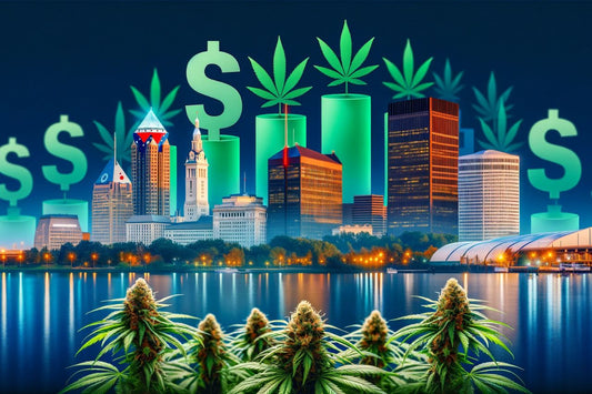 Cannabis con el paisaje urbano de Ohio al fondo