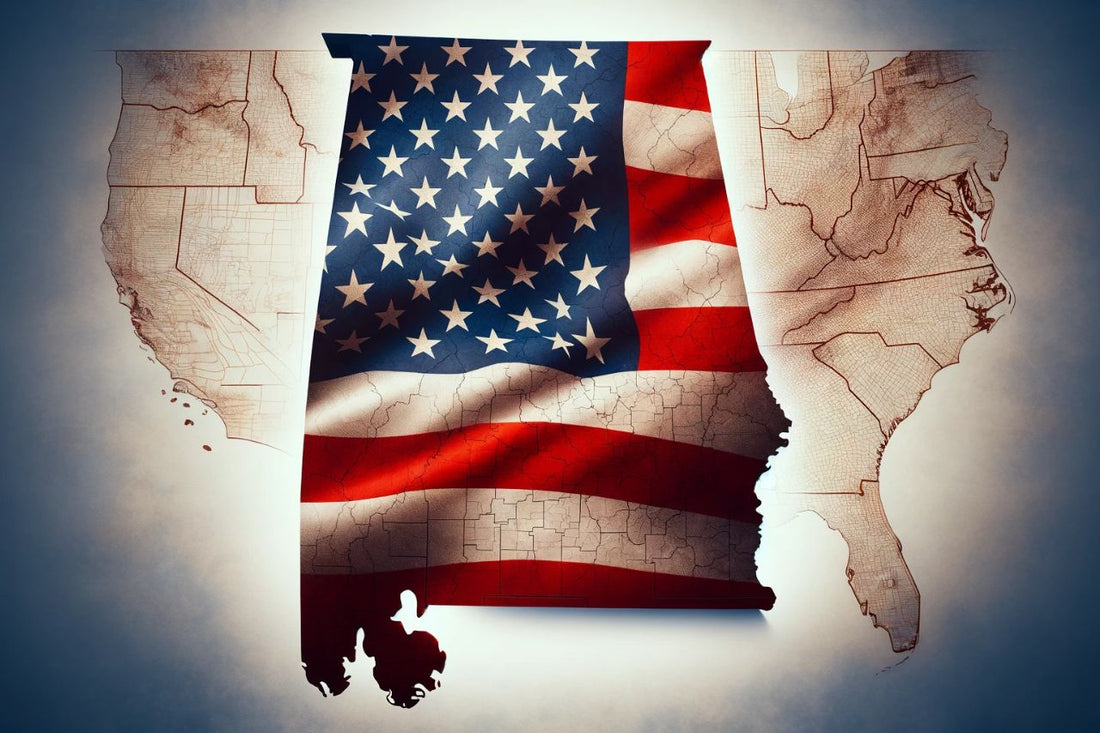Mapa de Alabama y bandera de EE.UU.