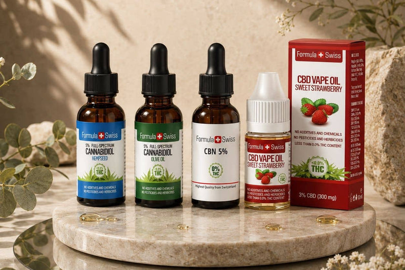 Aceites de CBD Formula Swiss al 5 % en aceite de semilla de cáñamo y aceite de oliva, aceite de CBN al 5 % y un líquido de vapeo de CBD de fresa sobre un soporte de mármol
