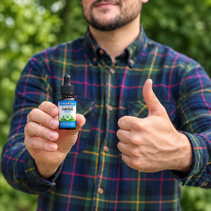 Persona con un frasco de aceite de CBD en aceite de semillas de cáñamo de Formula Swiss, con el pulgar hacia arriba