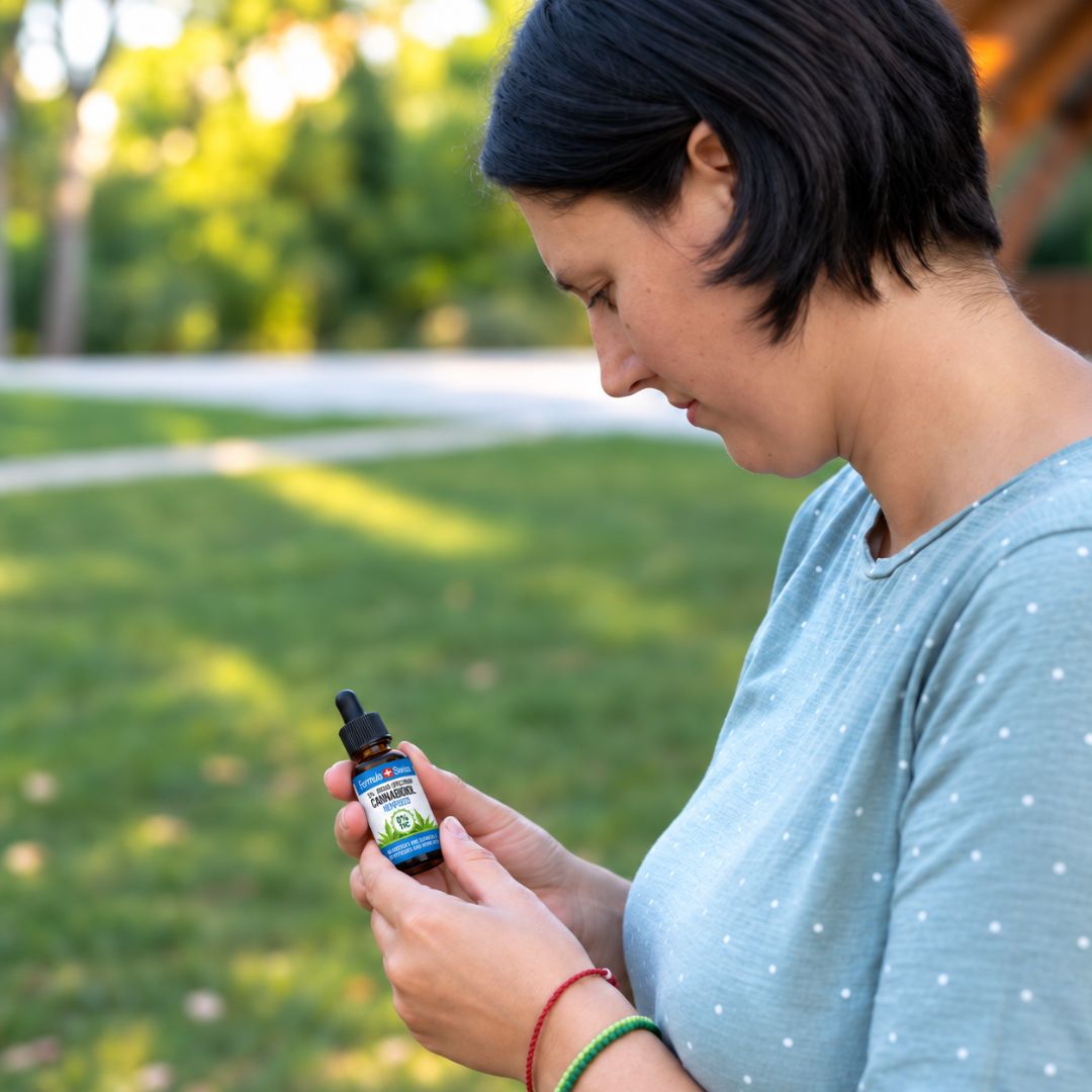 Mujer en un parque leyendo la etiqueta de un frasco de aceite de CBD, con camiseta azul de lunares y pulseras