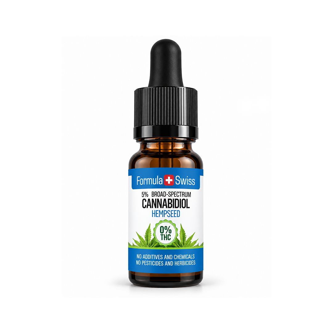 Cuentagotas ámbar de aceite de CBD en aceite de semillas de cáñamo de Formula Swiss, con etiqueta blanca y azul