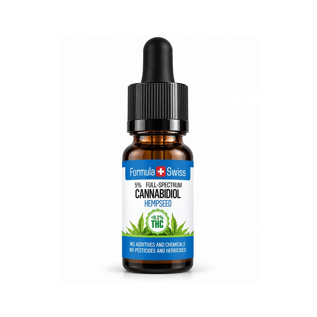 Cuentagotas ámbar de aceite de CBD en aceite de semillas de cáñamo de Formula Swiss, con etiqueta blanca y azul