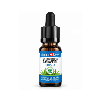 Cuentagotas ámbar de aceite de CBD en aceite de semillas de cáñamo de Formula Swiss, con etiqueta blanca y azul