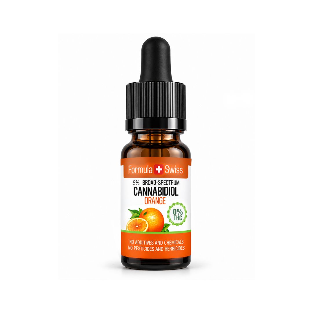 Cuentagotas ámbar de aceite de CBD en aceite MCT Naranja de Formula Swiss, con etiqueta naranja y blanca