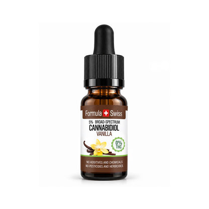 Cuentagotas de aceite de CBD en aceite MCT Vainilla de Formula Swiss, 5 % de espectro amplio, etiqueta con flores de vainilla