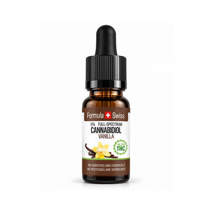 Cuentagotas de aceite de CBD en aceite MCT Vainilla de Formula Swiss, 5 % de espectro completo, etiqueta con flores de vainilla
