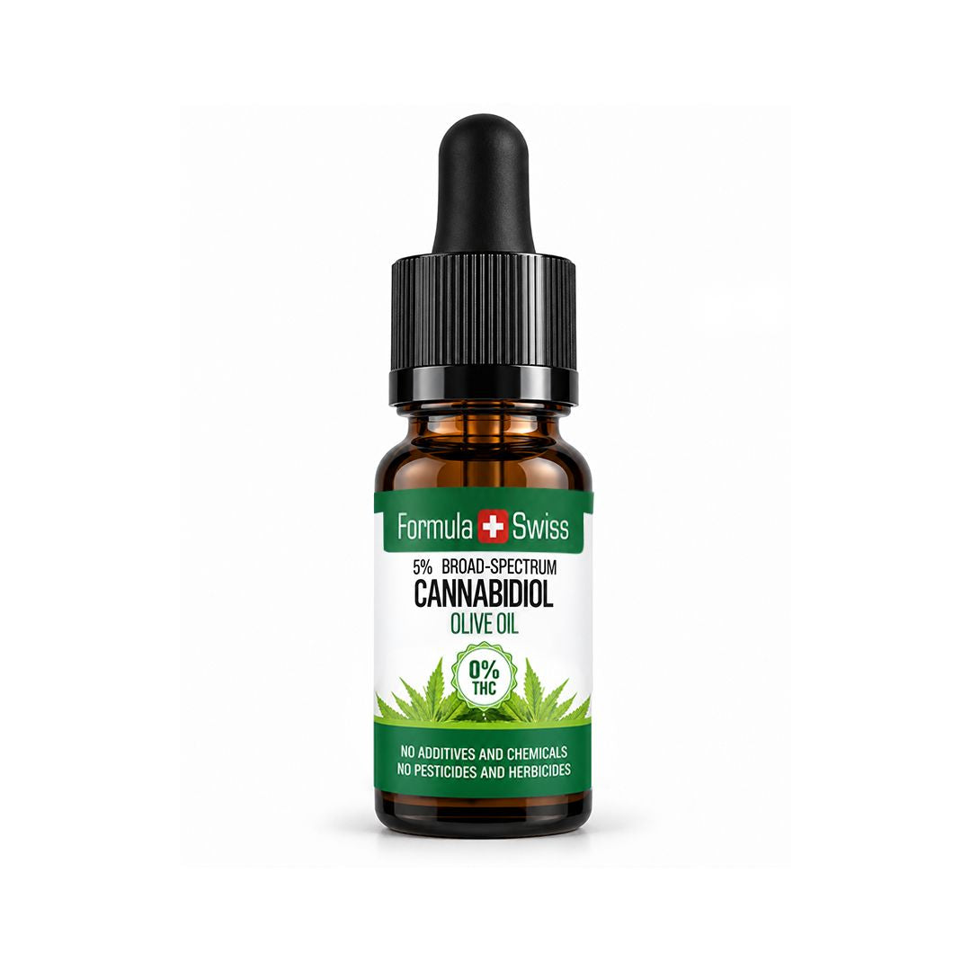 Cuentagotas ámbar de aceite de CBD en aceite de oliva de Formula Swiss, 0 % THC, tapón negro y fondo gris claro