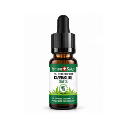 Cuentagotas ámbar de aceite de CBD en aceite de oliva de Formula Swiss, 0 % THC, tapón negro y fondo gris claro
