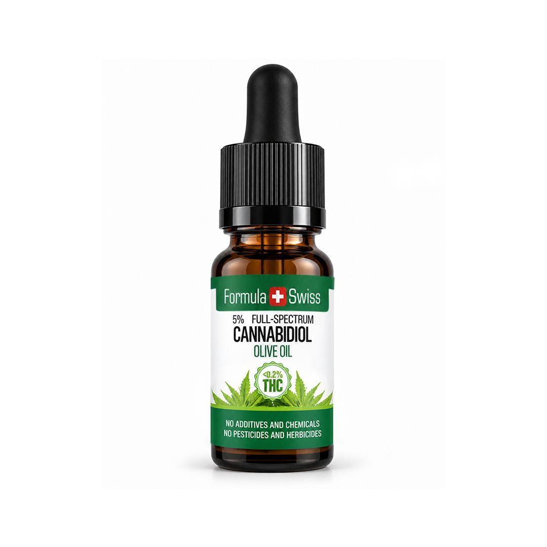 Cuentagotas ámbar de aceite de CBD en aceite de oliva de Formula Swiss, <0,2 % THC, tapón negro y fondo gris claro