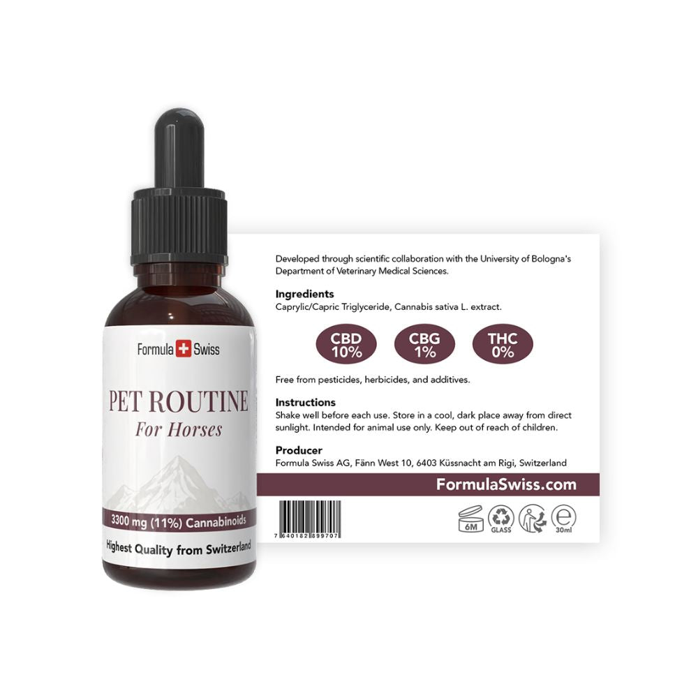 Formula Swiss Pet Routine para caballos – aceite de CBD 10 % CBD: frasco con etiqueta