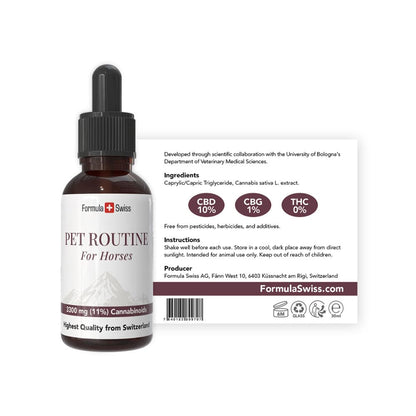 Formula Swiss Pet Routine para caballos – aceite de CBD 10 % CBD: frasco con etiqueta