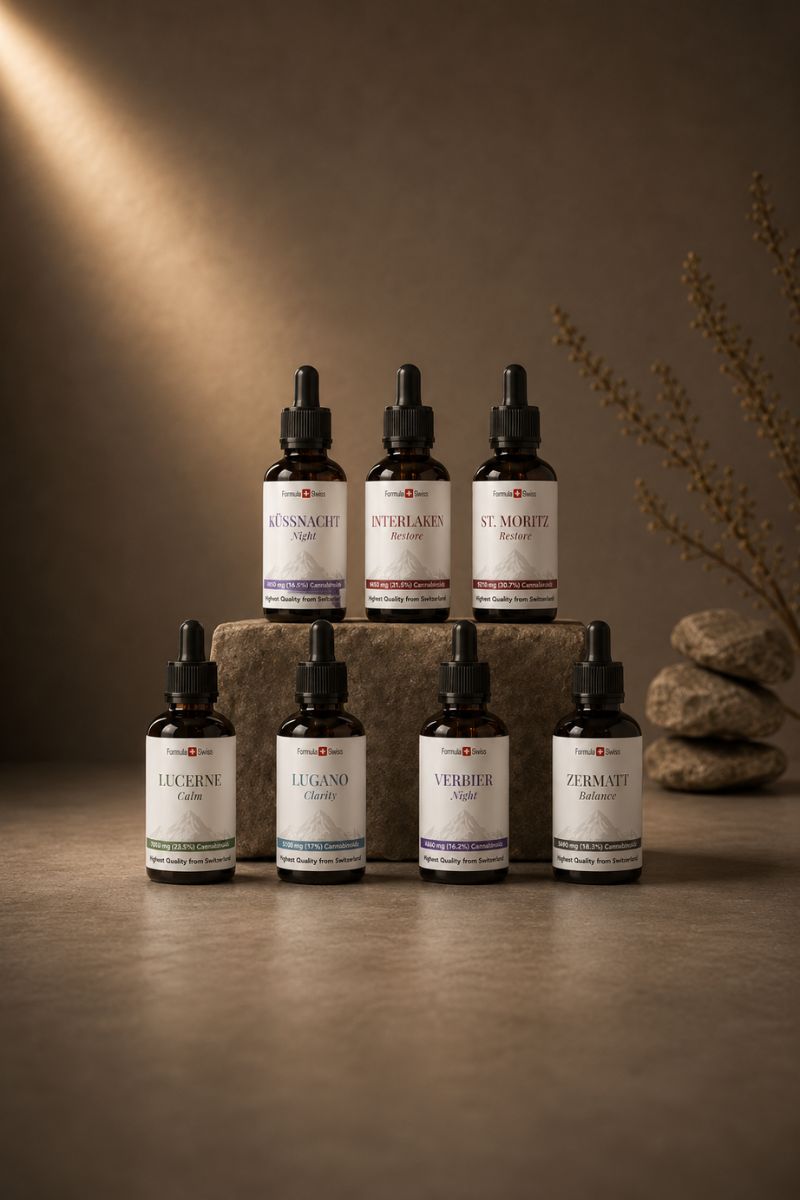 Colección de aceite de CBD suizo de fórmula con siete botellas de cuentagotas de amber dispuestas en piedra en un entorno de estudio premium.