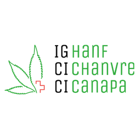 IG Hanf logotipo de la asociación de la industria del cannabis con una hoja de cáñamo verde, cruz suiza y nombre multilingüe.