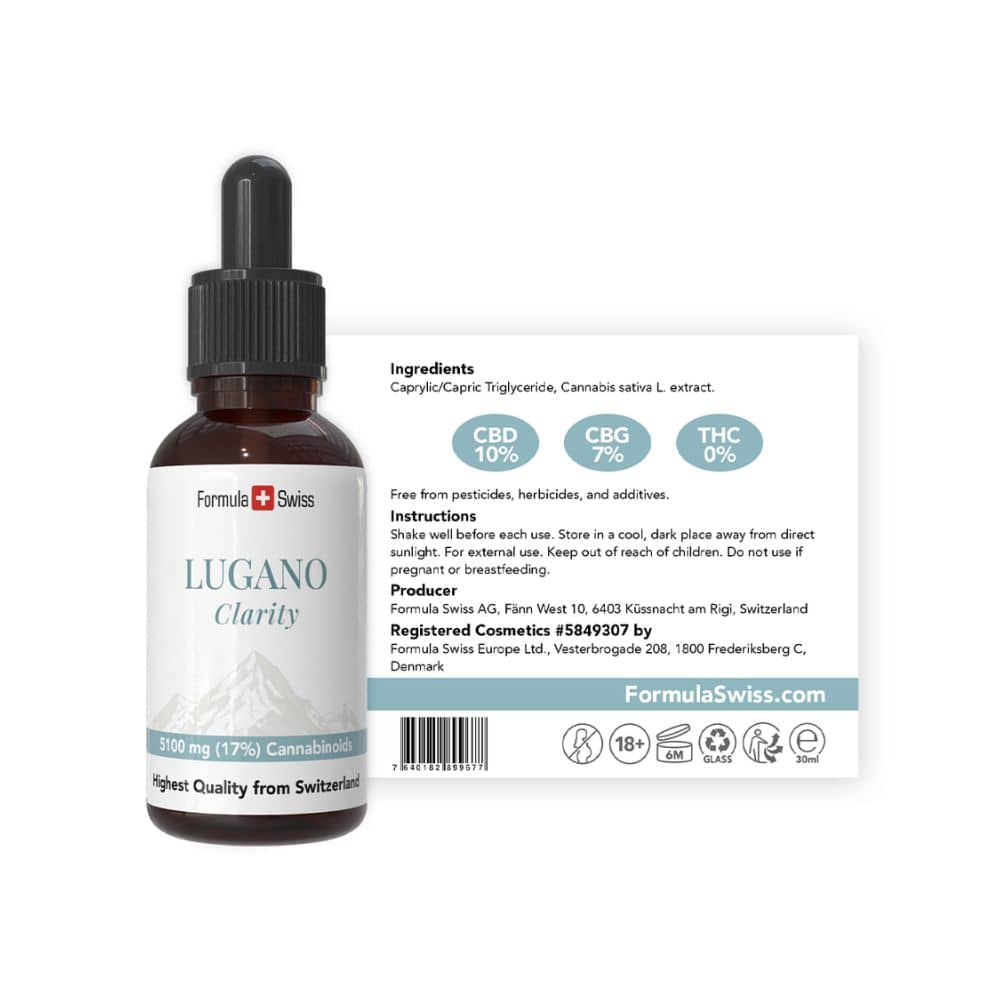 Frasco cuentagotas de CBD con la etiqueta «Lugano Clarity» de Formula Swiss sobre fondo blanco.