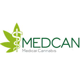Logotipo de cannabis medicinal MEDCAN con una hoja de cannabis verde y símbolo de farmacia sobre un fondo transparente.