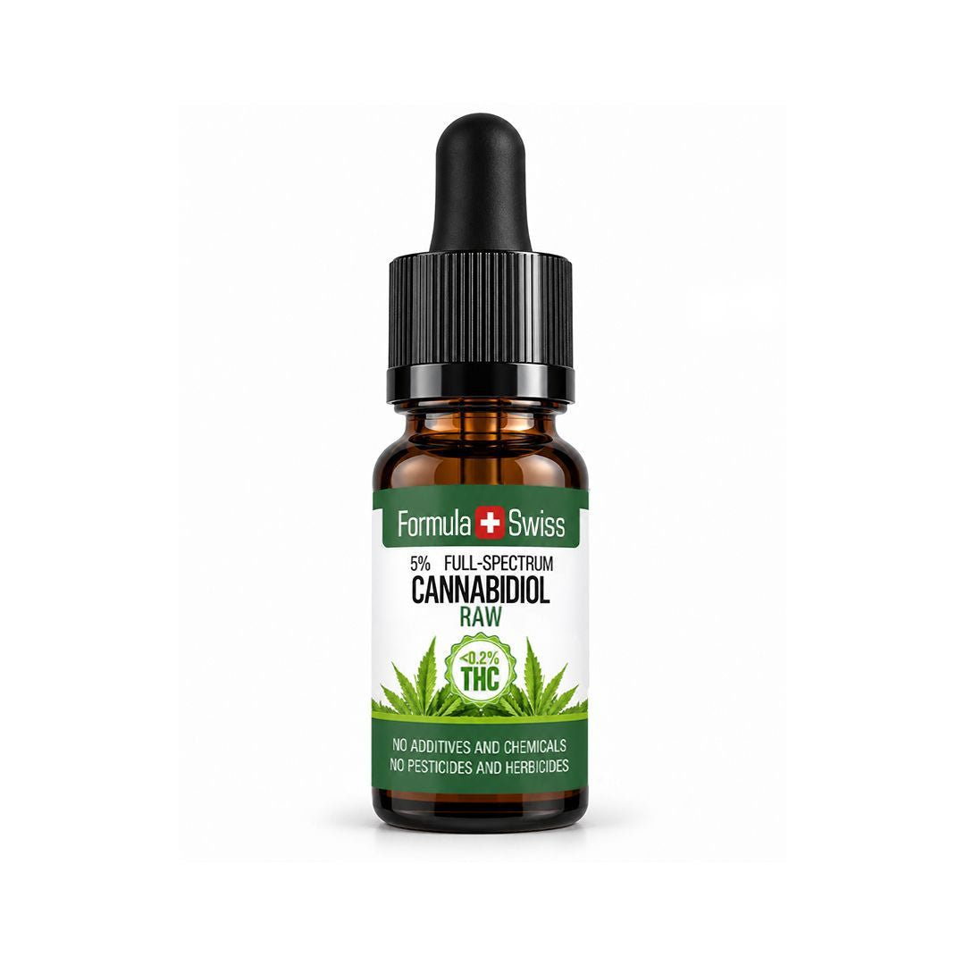Cuentagotas ámbar de 10 ml de aceite de CBD RAW en aceite de semillas de cáñamo de Formula Swiss, 5 % de espectro completo