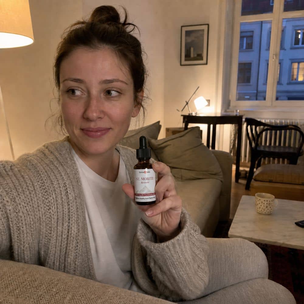 Mujer sosteniendo un frasco de aceite de CBD St. Moritz en un salón