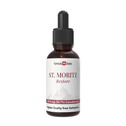 Frasco de St. Moritz con la marca Formula Swiss sobre fondo blanco