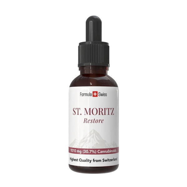 Frasco de St. Moritz con la marca Formula Swiss sobre fondo blanco