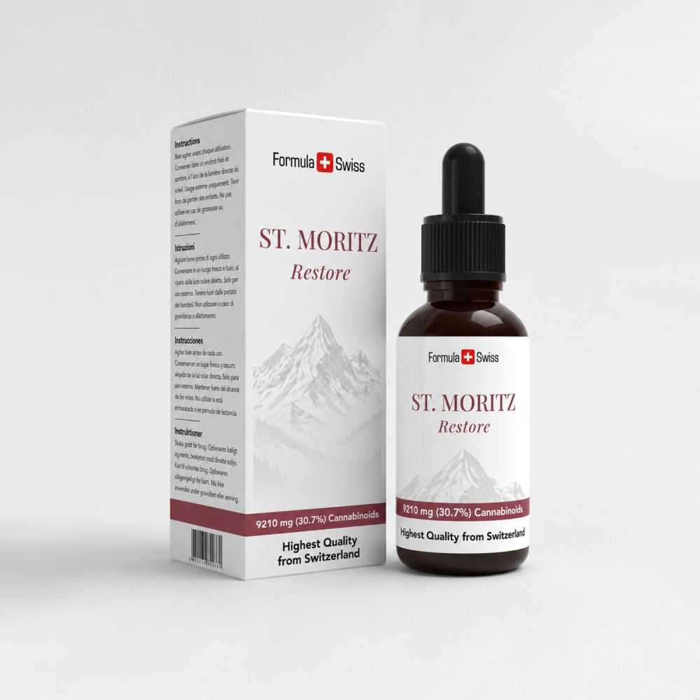 Frasco y envase de St. Moritz Restore sobre fondo blanco