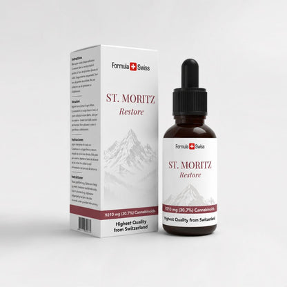 Frasco y envase de St. Moritz Restore sobre fondo blanco