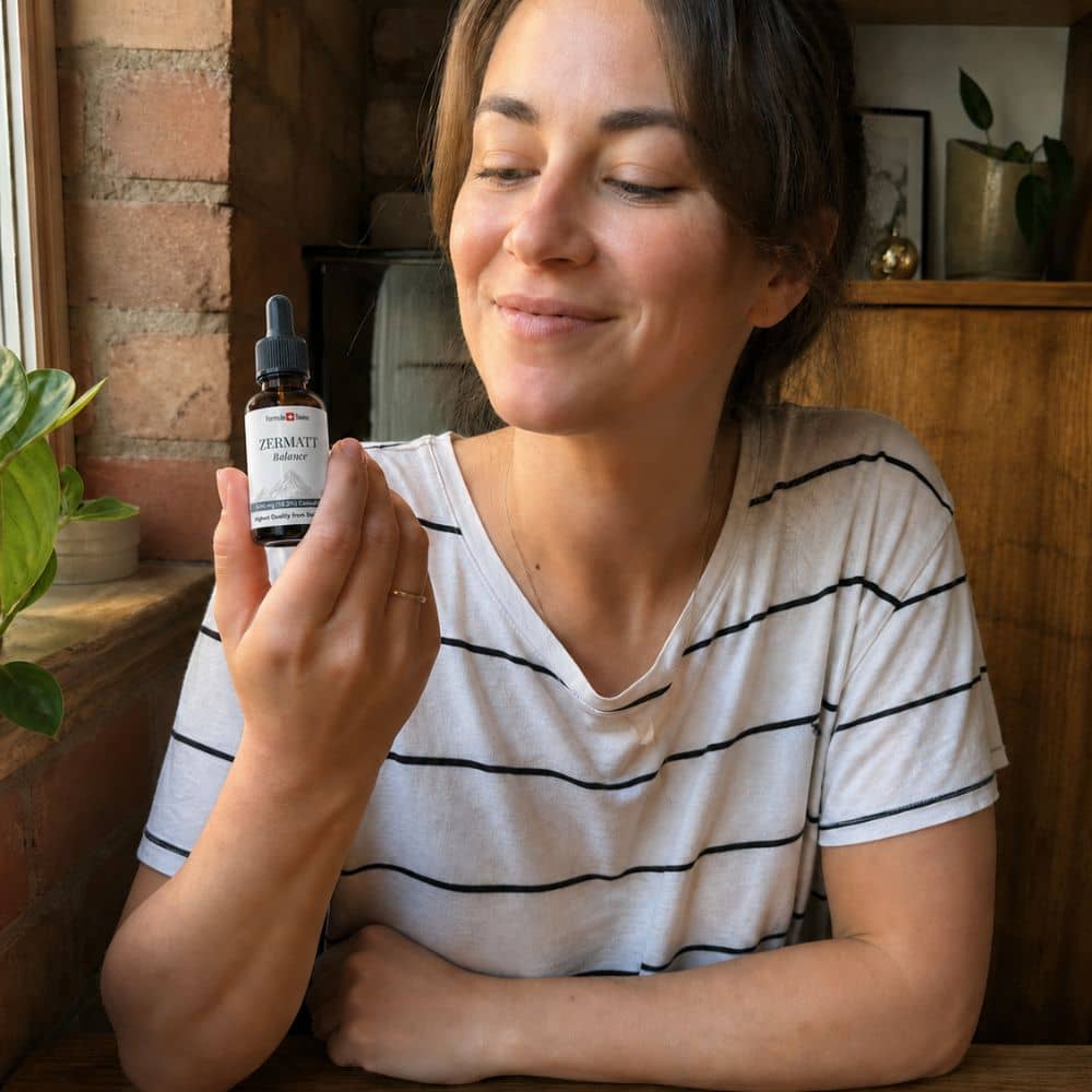 Mujer sosteniendo un frasco de aceite de CBD Zermatt en un interior acogedor.