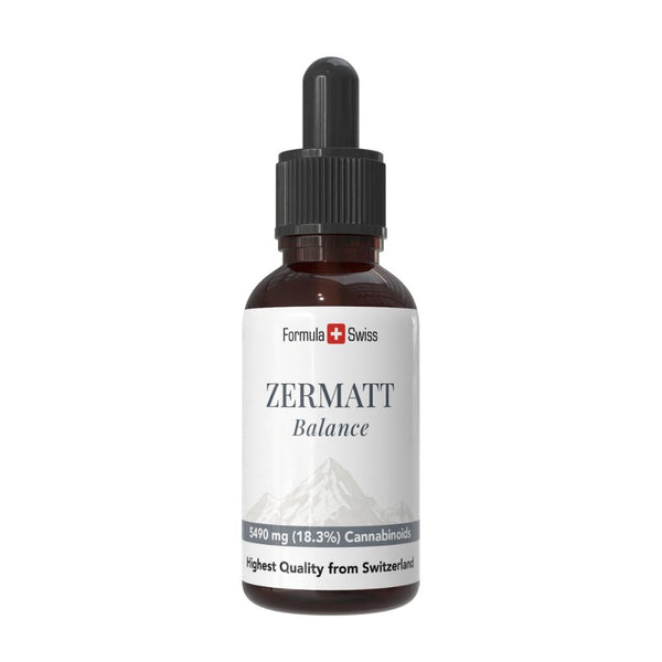 Frasco de aceite de CBD Zermatt con la marca Formula Swiss sobre fondo blanco