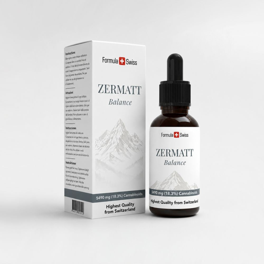 Formula Swiss Zermatt Balance – Aceite de CBD 18,3 % espectro completo: frasco y caja